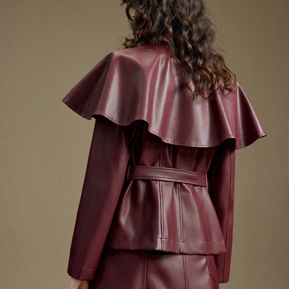 Burgundy Preppy Women's Detachable Shawl Coat with Chic Lapel & Cape - Picture 2 of 8